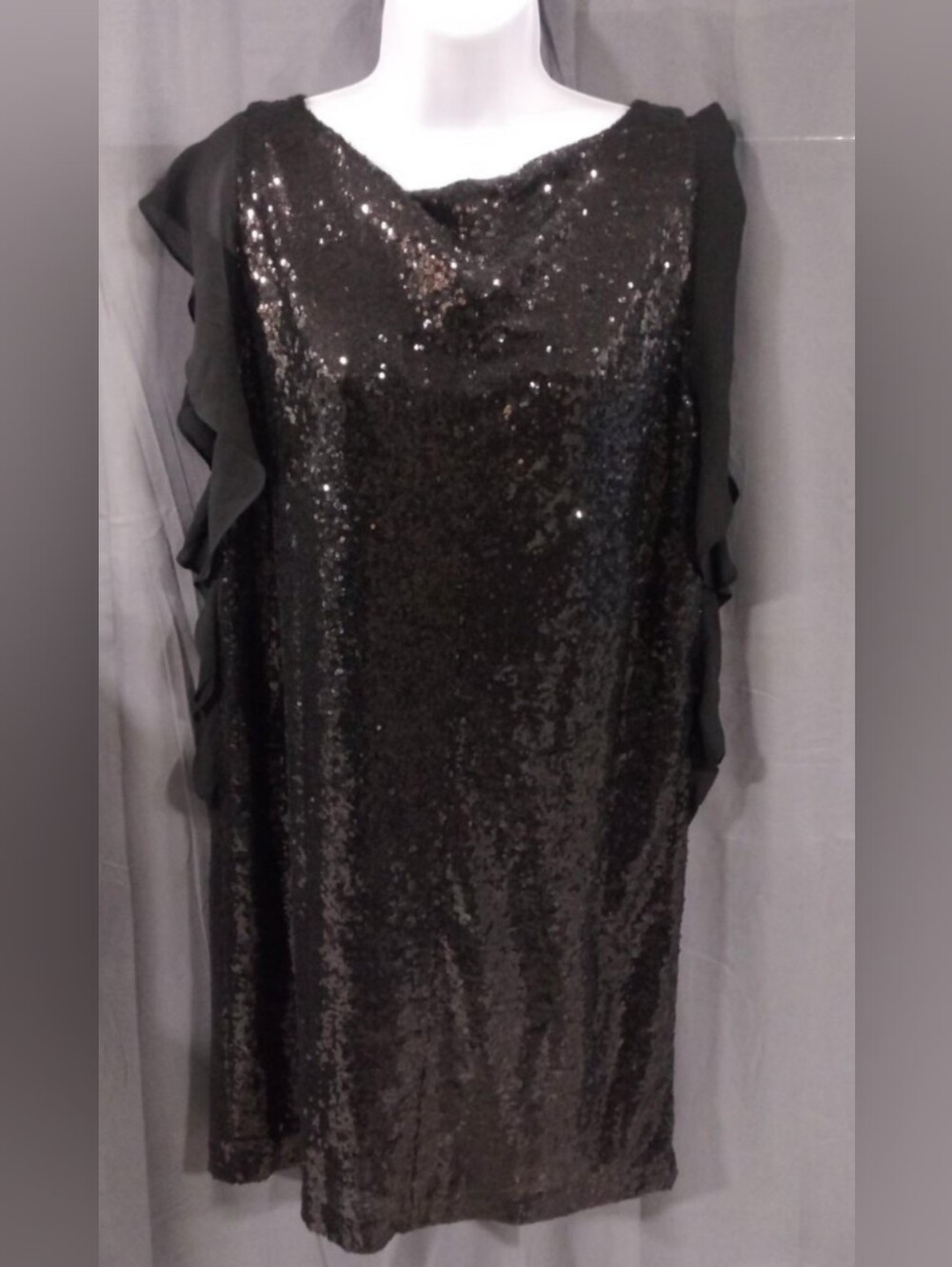 Michael Kors Black Sequin Ruffle Sleeve Evening Dress Size L NWT MSRP $165